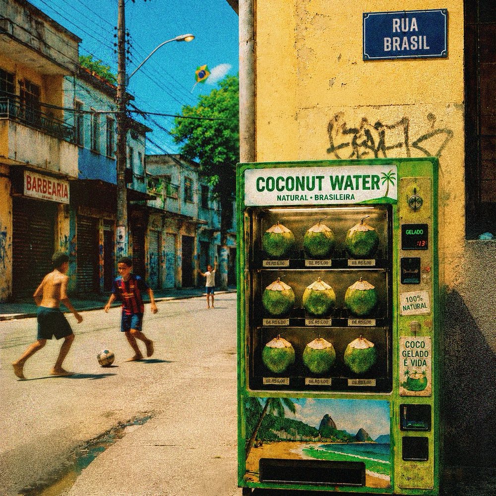 Coconut Water cover art by BRAGA!: a coconut vending machine on a Brazilian street with kids playing football